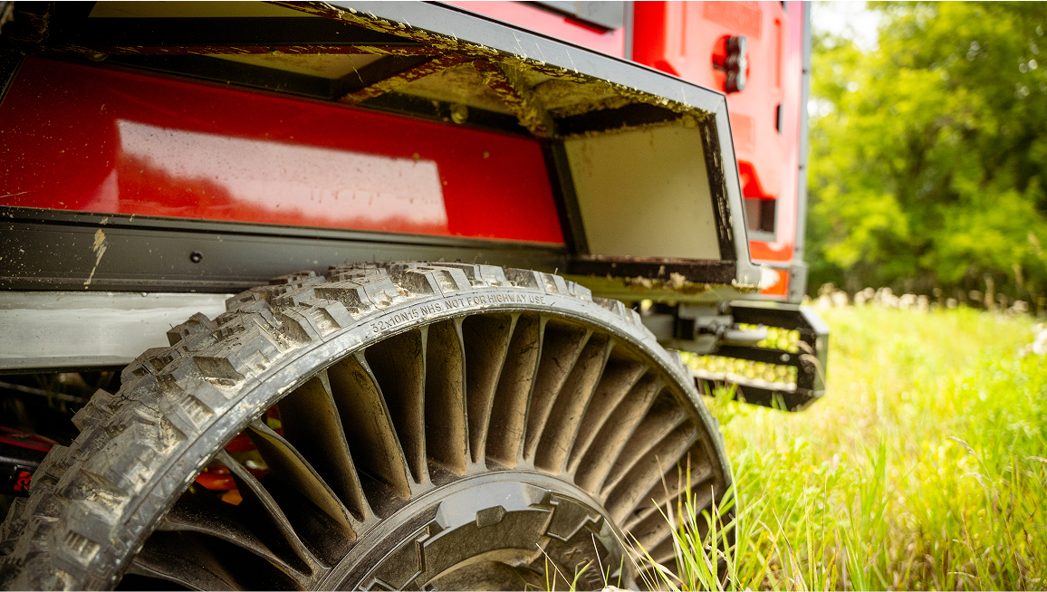 Badger trailer tire close up detail shot highlighting the Michelin Tweel Tires