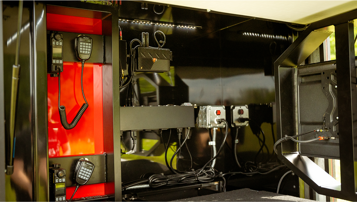 Badger trailer detail shot of the power and communications layout inside.